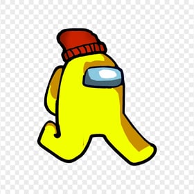 HD Yellow Among Us Character Walking With Red Beanie Hat PNG