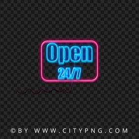 Open 24/7 Pink & Blue Neon Logo Sign PNG