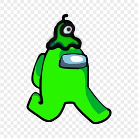 HD Lime Among Us Character Walking With Brain Slug Hat PNG