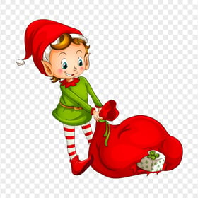 PNG Cartoon Elf Character With Christmas Gifts Bag