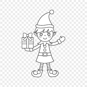Black & White Coloring Elf Holding A Gift PNG