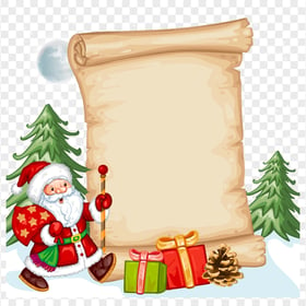 Cartoon Christmas Santa  With Gifts And Big Paper Roll