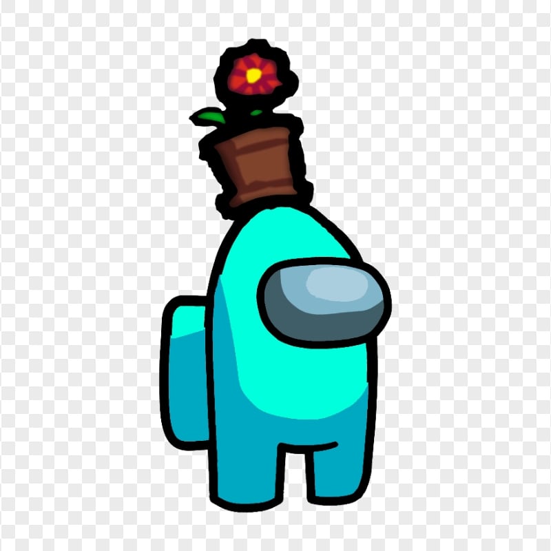 HD Cyan Among Us Crewmate Character With Flower Pot On Top PNG