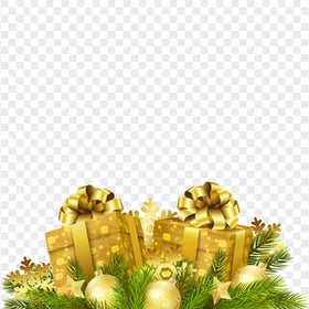 Golden Christmas Gifts Boxes With Ornaments & Pine Leaves