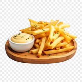 Potato Fries With Garlic Sauce on Wood Plate HD PNG