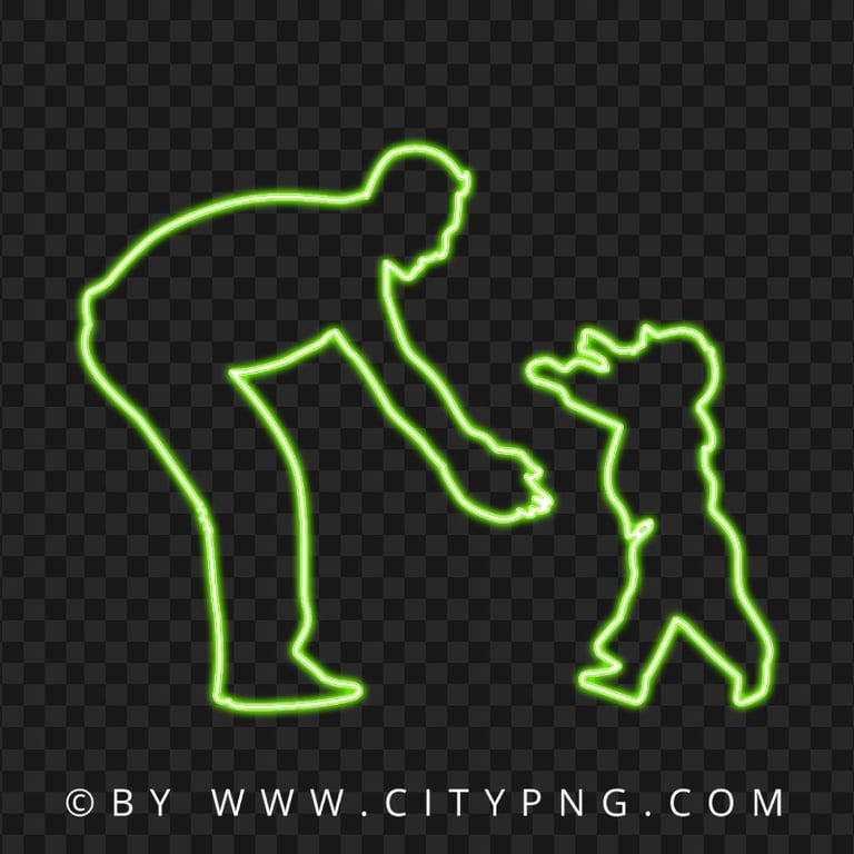 HD Father With Child, Son Green Neon Silhouette PNG