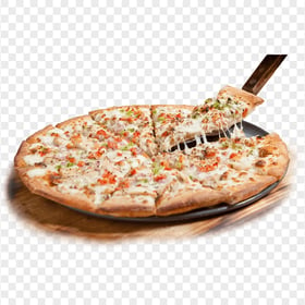 Crispy Pizza Margherita on a Wooden Plate HD Transparent PNG