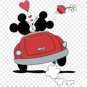 Mickey And Minnie In Love Riding Red Car PNG