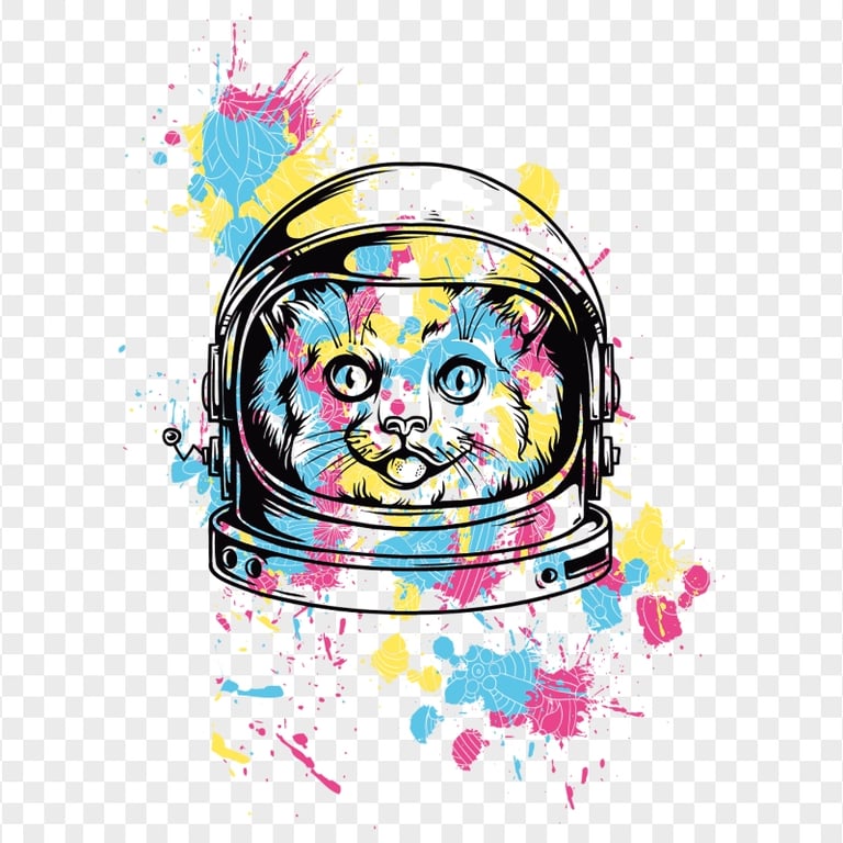 Colorful Cat with Space Helmet Illustration HD PNG