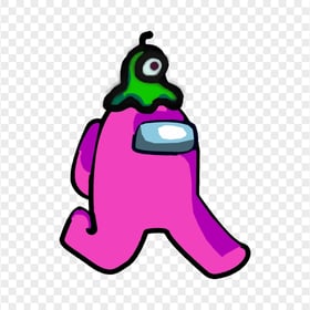 HD Pink Among Us Character Walking With Brain Slug Hat PNG