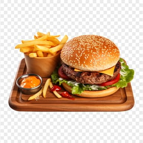 HD PNG Delicious Cheeseburger with Chips on a Wooden Plate
