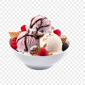HD Ice Cream Bowl with Chocolate Syrup Cherry Fruit PNG