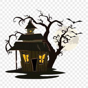 HD Halloween Cartoon Castle House With Tree & Moon PNG