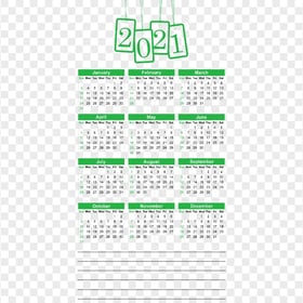 HD 2021 Beautiful Green Calendar With Notes Section Clipart PNG