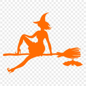 HD Halloween Witch Sitting On A Broom Orange With Bat Silhouette PNG