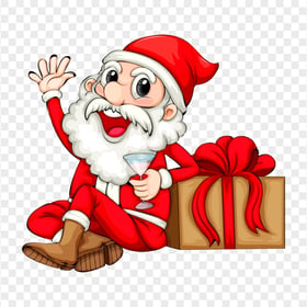 Cartoon Santa Claus Sitting Beside A Gift Box PNG