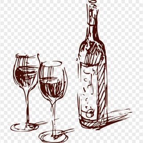 HD Wine Bottle With Two Glasses Sketch Art PNG