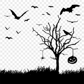 Black Halloween Scary Tree Birds Pumpkins Silhouette