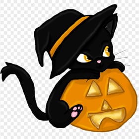 Cute Halloween Black Cat Wear Witch Hat With Pumpkin