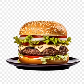 HD PNG Flavorful Double Cheeseburger on Black Ceramic Dish