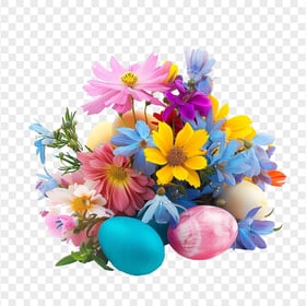 HD Colorful Flowers Bouquet with Easter Eggs Transparent PNG