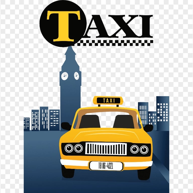Vector Cartoon Yellow Taxi Driving In London PNG