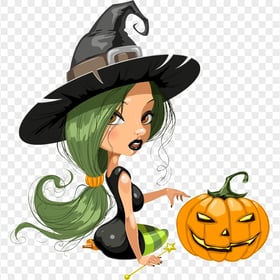 HD Cartoon Halloween Witch Sitting With Pumpkin Illustration PNG