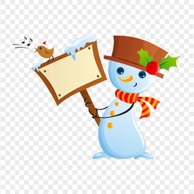 Cartoon Snowman Holding Blank Wooden Banner HD PNG