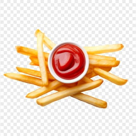 Crispy Potato Fries with ketchup Sauce HD Top View PNG