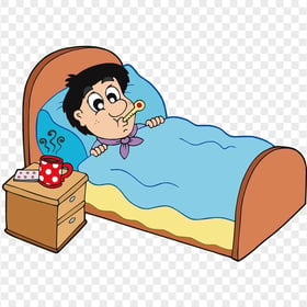 Cartoon Sick Kid Boy In Bed With Thermometer