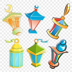 Cartoon Ramadan Lights Lanterns Set Icons