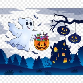 Cartoon Ghost With Haunted House Halloween HD PNG