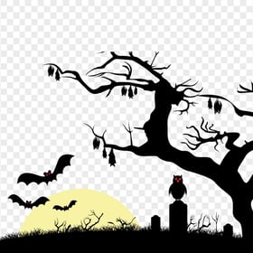 HD Halloween Scene Tree Branches Owls Bats PNG