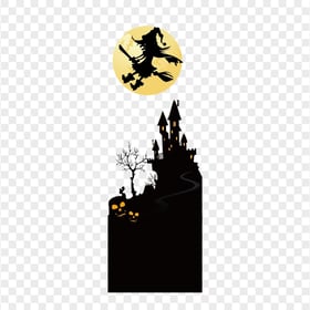 HD Witch Flying On A Broom With Full Moon & Castle Silhouettes PNG
