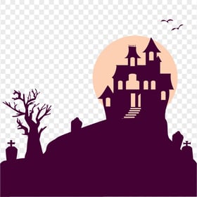 HD Halloween House Tombstones Tree Flying Birds Silhouettes PNG