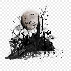 HD Halloween Dark Night Castle Trees Flying Bats And Moon PNG