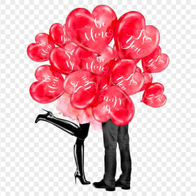 HD Watercolor Couple Behind Red Heart Balloons PNG