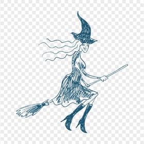Blue Drawing Doodle Halloween Witch On Broom PNG IMG