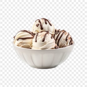 Bowl of Vanilla Scoops Ice Cream and Chocolate Syrup HD PNG