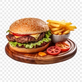 Tasty Beef Burger with Chips Tomato on Wooden Plate HD PNG
