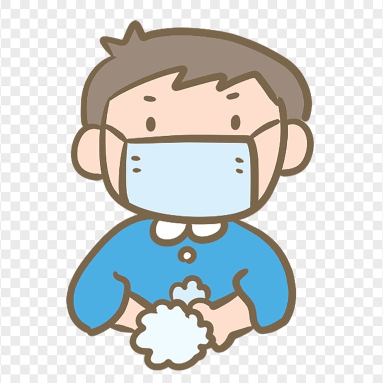 Cartoon Little Boy Wear Mask Wash His Hands