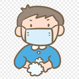 Cartoon Little Boy Wear Mask Wash His Hands