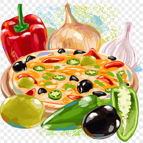 Vector Veggie Pizza Painting with Vegetables HD PNG