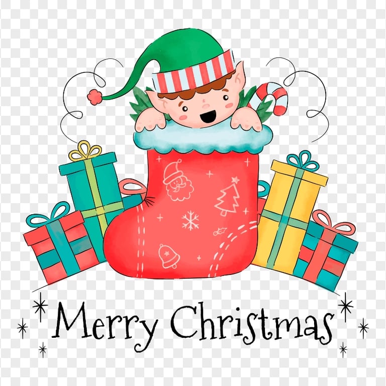 Merry Christmas Cartoon Elf With Gifts PNG