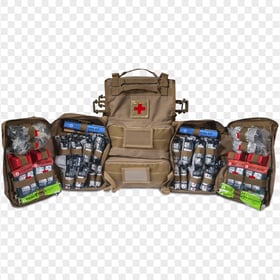 Opened Military Backpack First Aid Kit Supplies