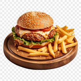 HD Sapid Burger with French Fries on a Wooden Plate PNG