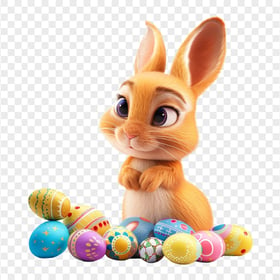 HD Ginger Bunny with Colorful Easter Eggs Transparent PNG