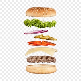 HD Floating Open Cheese Burger Flying Ingredients Photography PNG Image