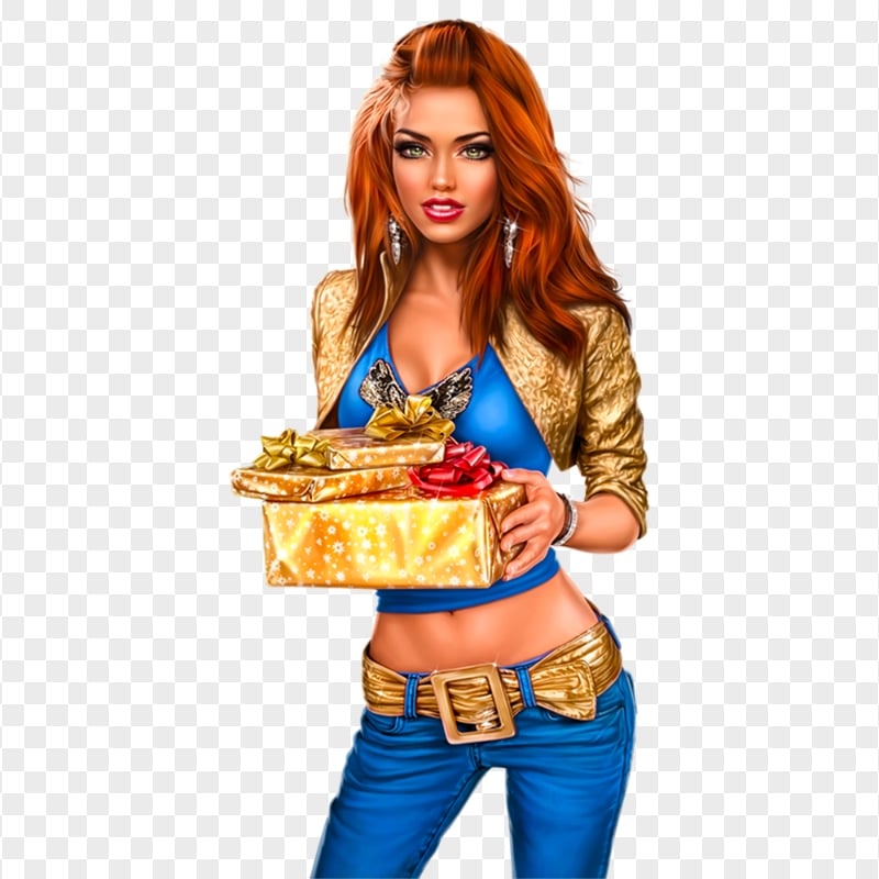 HD Cartoon Digital Beautiful Girl Holding Gifts PNG