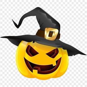 Scary Pumpkin Yellow Face Wearing Witch Hat